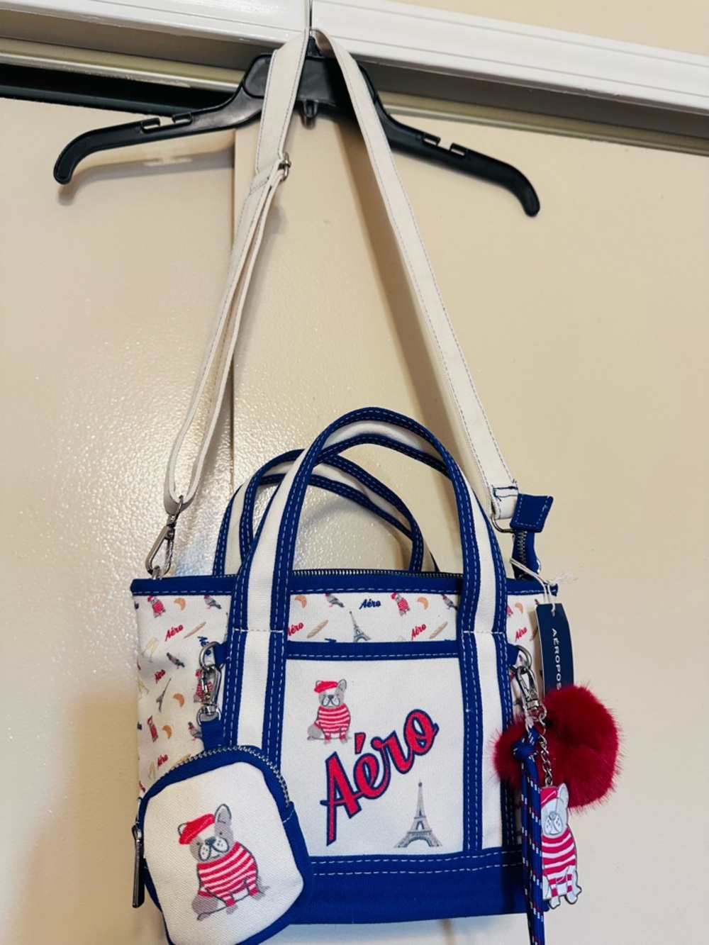 Aeropostale White, Royal Blue & Red Mini Tote with Pom Charm - Picture 10 of 10